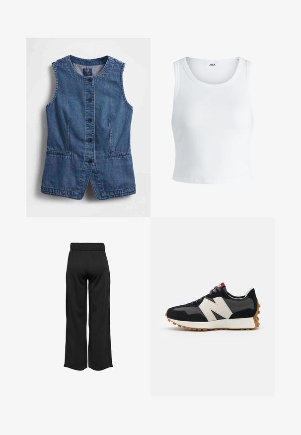 Traper prsluk s okruglim izrezom, prednjim zatvaranjem na gumbe, dva džepa i ravnim krojem. Tkanina tamnoplave boje s glatkom teksturom.; Bijela rebrasta majica bez rukava s okruglim izrezom i skraćenom dužinom. Na etiketi piše "JJXX." Glatka tekstura tkanine.; Crne hlače širokih nogavica s elastičnom waistbandom, izrađene od glatkog materijala. Imaju jednostavan dizajn bez džepova ili vidljivih šavova.; Crne i sive suede tenisice s velikim kremastim logom "N", ljubičastim pertlama i teksturiranim gumiranim potplatom.