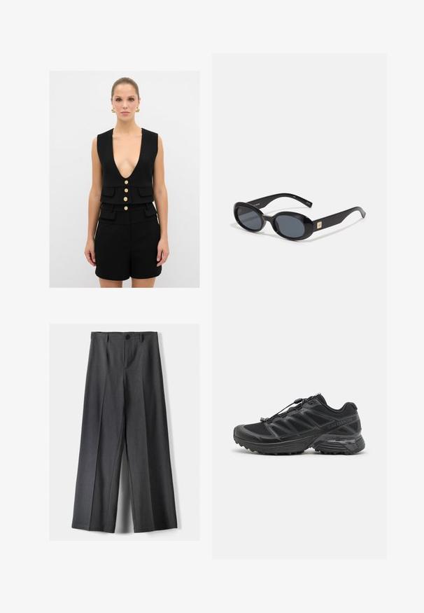 Svart ärmlös jumpsuit med djup V-ringning, guldknappdetaljer, två framfickor och en strukturerad passform som ger en strömlinjeformad silhuett.; Intimissimi U-BOOT-AUSSCHNITT - Långärmad tröja - black; Breda byxor i mörkgrått tyg, med knäppning, framvikt och bältesöglor. Slät textur med skräddarsydd design.; Svart löparskor med ovandel i mesh och syntetmaterial, flexibel yttersula och elastiska snören. Har en dämpad mellansula för komfort.; Svarta ovala solglasögon med mörka linser, blank plastbåge, breda skaft och en liten guldkant på en sida.; Svart läderaxelväska med en slät yta, en böjd topp och ett enskilt bärhandtag. Har dragkedjestängning och minimalistisk design.