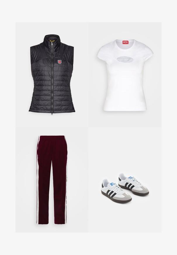 Czarna bezrękawnik puchowa z wysokim kołnierzem, poziomym pikowaniem, zapięciem na zamek z przodu oraz naszywką z logo na lewej piersi.; Biała dopasowana koszulka wykonana z bawełny, z okrągłym dekoltem i krótkimi rękawami, z jasnoniebieskim haftowanym logo na przodzie.; Burgundowe spodnie sportowe z regulowanym pasem, białymi paskami po bokach i dopasowanym krojem. Wykonane z gładkiego, lekkiego materiału.; Buty sportowe z białą skórzaną cholewką, szarym zamszowym noskiem i trzema czarnymi paskami. Posiadają niebieskie logo na języku oraz teksturowaną gumową podeszwę.