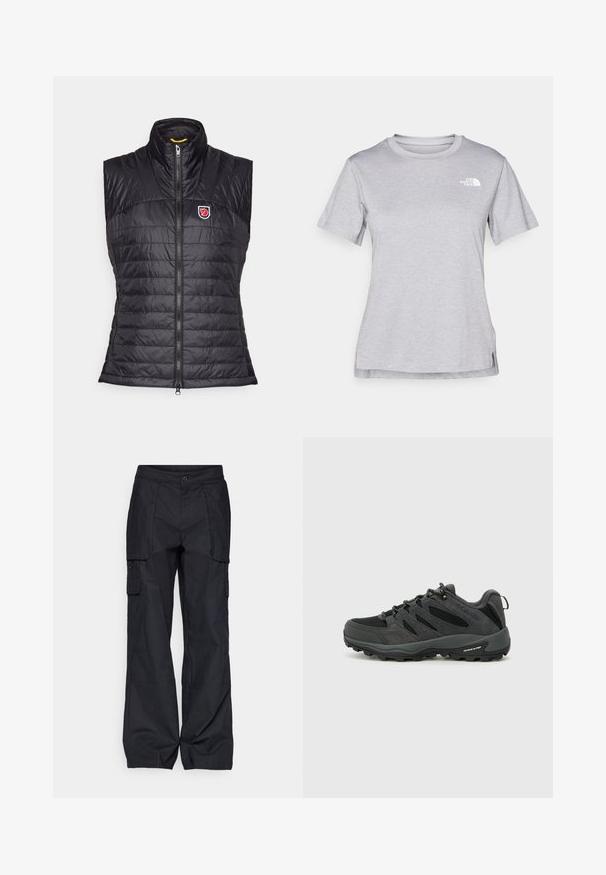 Črn brezrokavnik s puhom z visokim ovratnikom, vodoravno prešita tekstura, sprednje zapiranje na zadrgo in logotipna nalepka na levem prsnem delu.; Siva kratka majica s kratkimi rokavi, izdelana iz mehkega, vlago odvračajočega materiala. Ima okroglo izrez in majhen bel logotip na zgornji levi strani.; Columbia BREA FALLS™ COTTON RIPSTOP PANT - Hlače za na prostem - black; Columbia REDMOND - Pohodniški čevlji - black/citron haze