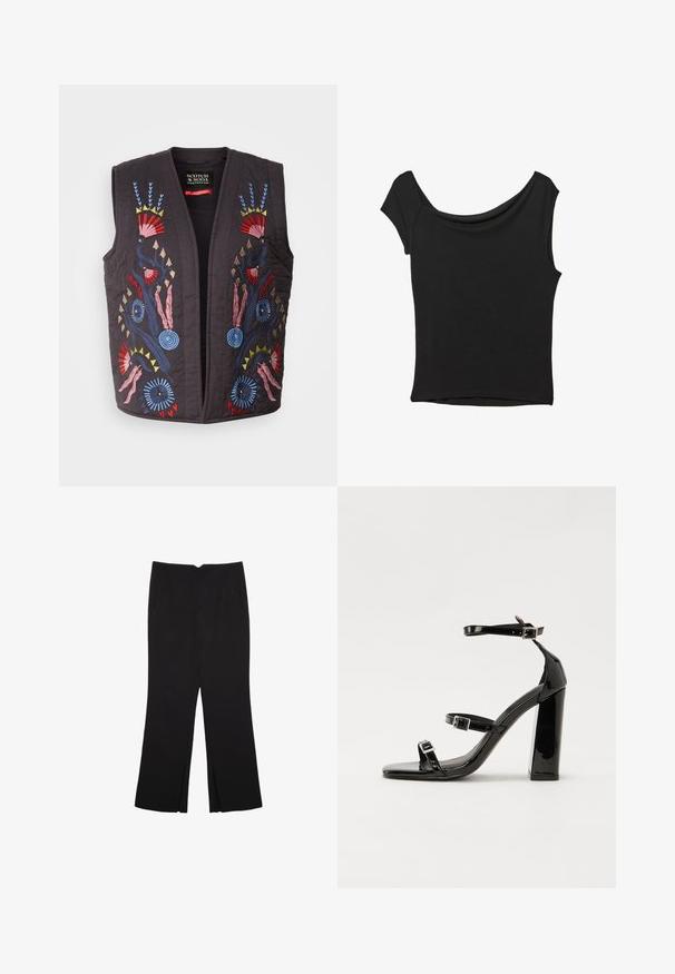 Črn prešiti brezrokavnik z barvitimi vezenimi cvetnimi vzorci v rdeči, modri, roza in rumeni barvi. Ni vidnih gumbov ali zapiranj.; Črna kratka majica s kratkimi rokavi iz gladkega blaga; ima drapiran izrez in asimetrično spodnjo rob, s prilegnjenim telesom.; Črne hlače ravnega kroja z naglavnimi žepi in stranskimi razporki na robu. Narejene iz mehke, gladke tkanine. Primerne za različne priložnosti.; Črne lakirane sandale s peto, kvadratnim prstom, trakovi okrog gležnja in srebrnimi zaponkami. Opremljene so s stabilno Debelo peto.