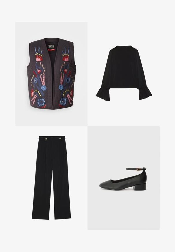 Mustmustri vest, millel on musta värvi ning värvikas tikand lillemustriga punase, sinise, roosa ja kollasega. Nuppude ega sulgemisi ei ole nähtavalt.; Mustsärgid musta tooniga, pika varrukaga, flöödid käised, pehme tekstuur ja vabalt langev lõige, lihtsa ümaraga kaelusega.; Mustad laiad püksid kõrge vöökoha ja nööpdetailidega vööandil, esikortsudega.; Must mustaapp, millel on terav nina ja madal blokk-kand. Omab pahkluu rihma koos kuldse tooni pandlaga. Sile tekstuur.