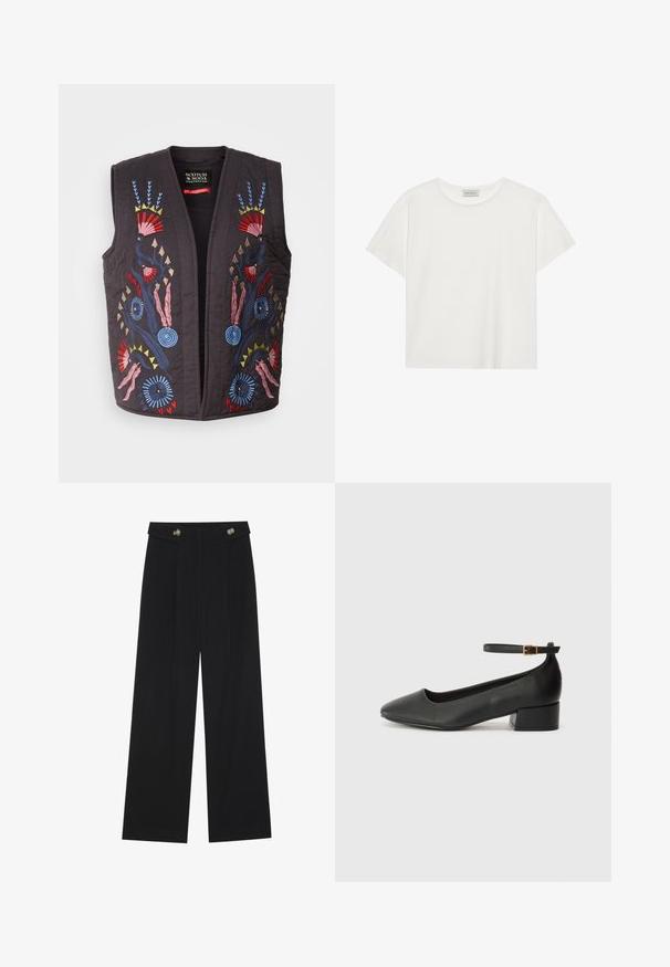 Zwarte gewatteerde vest met kleurrijke geborduurde bloemenpatronen in rood, blauw, roze en geel. Geen knopen of sluitingen zichtbaar.; Witte T-shirt met korte mouwen, gemaakt van zachte katoen. Heeft een ronde halslijn en een relaxte pasvorm. Schoon ontwerp zonder zichtbare patronen of accenten.; Zwarte wijde broek met hoge taille, knoopdetails op de tailleband en plooien aan de voorkant.; Zwarte leren pump met een spitse neus en een lage blokhak. Beschikt over een enkelband met een goudkleurige gespsluiting. Gladde textuur.