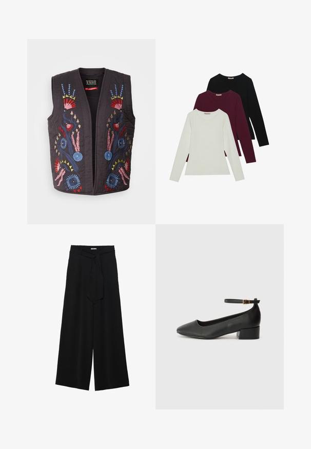 Vesta neagră matlasată, cu modele florale brodate colorate în roșu, albastru, roz și galben. Fără butoane sau închideri vizibile.; Tricouri cu mânecă lungă în alb, burgundy și negru. Realizate dintr-un material moale, cu un guler rotund și un design ajustat. Potrivite pentru straturi.; Pantaloni largi negri dintr-un material texturat, cu un tiv elastic și o panglică detașabilă la talie pentru un fit ajustabil.; Pantof cu toc negru din piele, cu vârf ascuțit și toc mic pătrat. Dispune de o curea la gleznă cu o cataramă în tonuri de aur. Textură netedă.
