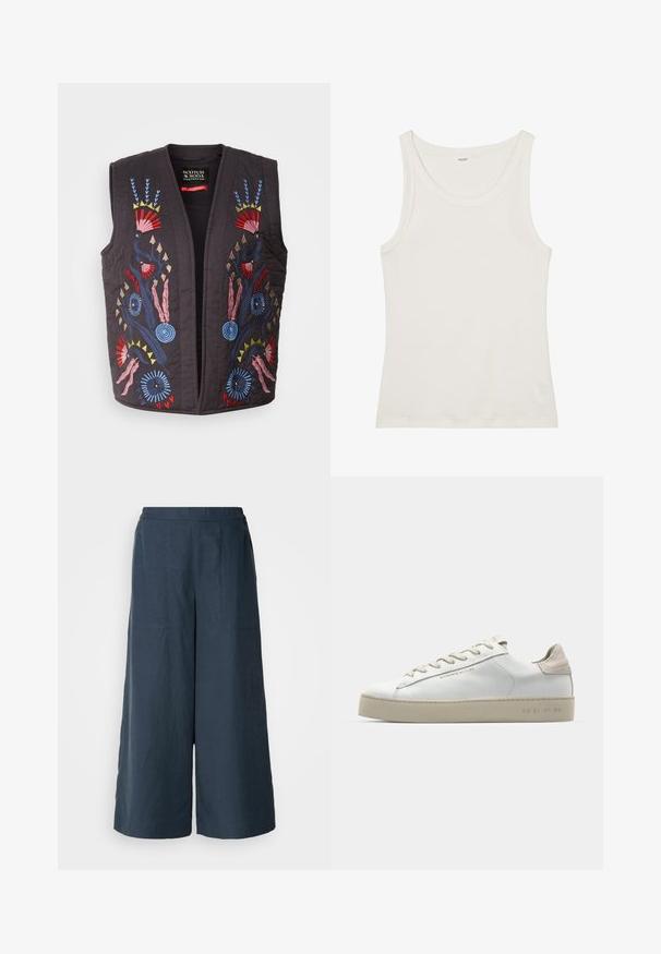 Mustapeitto musta, jossa on värikkäitä brodeerattuja kukkakuoseja punaisena, sinisenä, vaaleanpunaisena ja keltaisena. Napit tai sulkimet eivät ole näkyvissä.; Valkoinen puuvillainen hihaton paita, jossa on leveä pääntie ja ohuet olkaimet. Sileä pinta ilman näkyviä kuvioita tai koristeita.; Navy blue leveleggsbukser laget av lett materiale. Har en litt strukturert overflate, elastisk midjebånd og foran sømmer.; Valkoinen nahkakenkä, jossa on sileä pinta, beige mokkanahkavivahteita, pyöreä kärki, litteä nauhattava malli ja teksturoitu kumipohja.