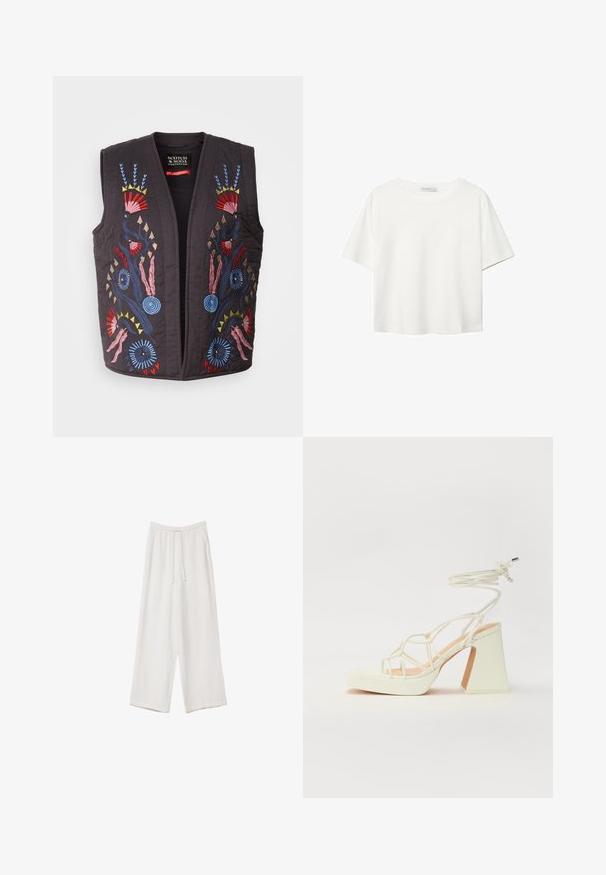 Gilet matelassé noir ornés de motifs floraux brodés colorés en rouge, bleu, rose et jaune. Aucune boutonnière ni fermeture visible.; T-shirt blanc à manches courtes en coton. Doté d'un col ras du cou et d'une coupe décontractée. Texture lisse sans motifs ni accents visibles.; Pantalons larges blancs en tissu léger. Dotés d'une taille élastique avec cordon de serrage et de poches latérales. Texture lisse.; Sandale blanche à talons hauts avec un talon épais, présentant un design à lanières et un lien autour de la cheville. Texture lisse avec une plateforme à l'avant pour une hauteur supplémentaire.