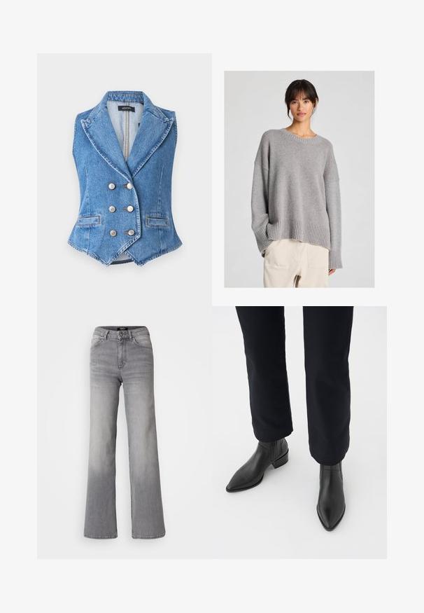 Zila džinsa vesti ar dubultu pogu dizainu, izteiktiem uzklājinājumiem, sudraba pogām un priekšējām kabatām. Strukturēta auduma un kontrastējoša šuvju.; Pelēks adījuma džemperis ar brīvu piegriezumu, apaļu kakla izgriezumu, svītrainām piedurknēm un apakšmalu. Mīksta tekstūra ar smalku adījuma rakstu. Kombinēts ar gaišiem biksēm.; Augsti vidukļa taisnas kājas pelēkas džinsa bikses ar priekšējo pogu un rāvējslēdzēju, priekšējām un aizmugurējām kabatām, kā arī izbalinātiem toņiem uz augšstilbiem un teļiem.; Melni ādas potīšu zābaki ar norādītu purngalu, blokveida papēdi un teksturētām sānu daļām, valkāti ar tumšām biksēm uz balta fona.