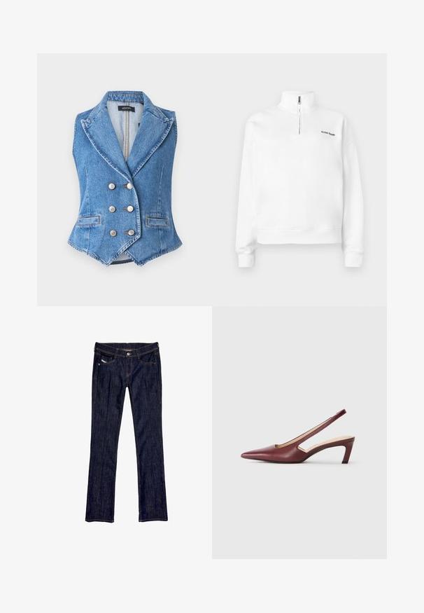Sinine denimvest, millel on topeltkinnitatud disain, teravad kraed, hõbedased nööbid ja eesmine taskud. Tekstureeritud riie ja kontrastõmblus.; Valge poolkõrge kraega ja poole tõmblukuga pehme kampsun. Rinna peal on väike must logo ja varrukaotsad on ribadeta. Sile tekstuur.; Tumedat sinised denim teksad sirge jala disainiga, millel on eesne nupp, viis taskut ja nähtav õmblus mööda õmblusi.; Burgundy slingback kontsad, millepunktse varbaga, külgedel lõike üksikasjadega ja kesk kõrgusega plokknina. Sile nahkviimistlus.