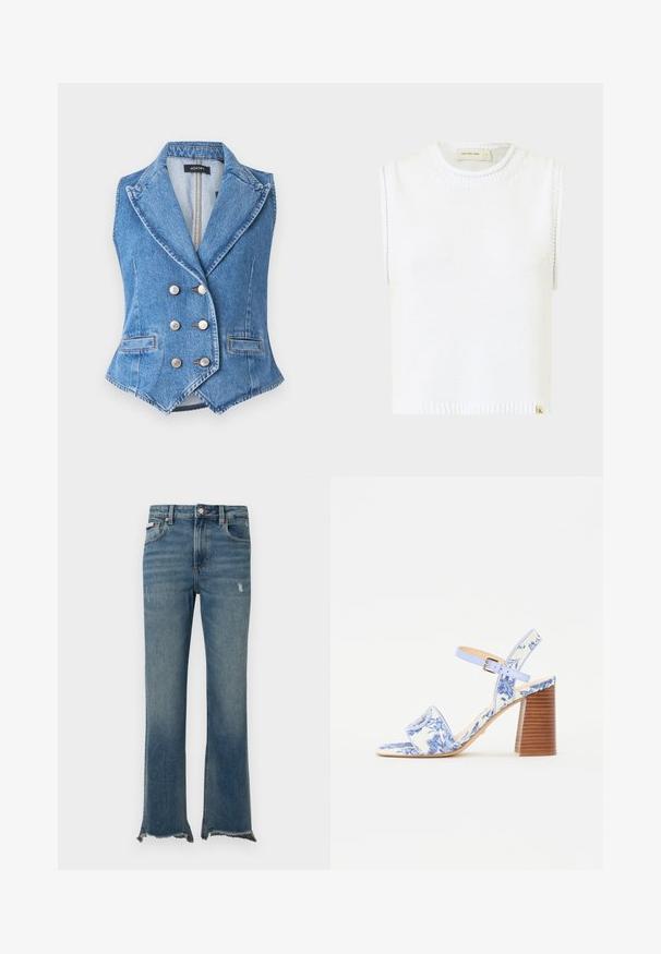 Blauwe denim vest met een dubbelzijdig ontwerp, spitse revers, zilveren knopen en voorzakken. Gestructureerde stof en contrasterende stiksels.; Witte mouwloze gebreide top met een ronde halslijn, geribbelde zoom en zijnaaddetails; beschikt over een klein merklabel aan de onderkant.; Blauwe spijkerbroek van denim met lichte slijtage, ruwe rafelige zomen, voorzakken, riemlussen en een knoopsluiting.; Blauw bloemenpatroon sandaal met een vierkante neus, een brede band en een verstelbare enkelband, met een getextureerde houten blokhak.