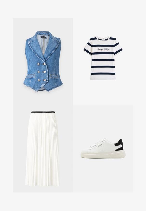 Blå denim vest med en dobbeltknappet design, spisse krager, sølvknapper og frontlommer. Teksturert stoff og kontrastsøm.; Koftet laget av bomull har horisontale marineblå striper på hvit bakgrunn. "Tommy Hilfiger" brodert i kursiv på brystet. Rund hals.; Plissert hvit skjørt med en svart elastisk midje som har "LACOSTE"-logoen. Midjelengde design med myk tekstur.; Hvite lær sneakers med tykk hvit såle, svart semsket hælforsterkning og preget logo på siden. Snøresystem med seks hull.