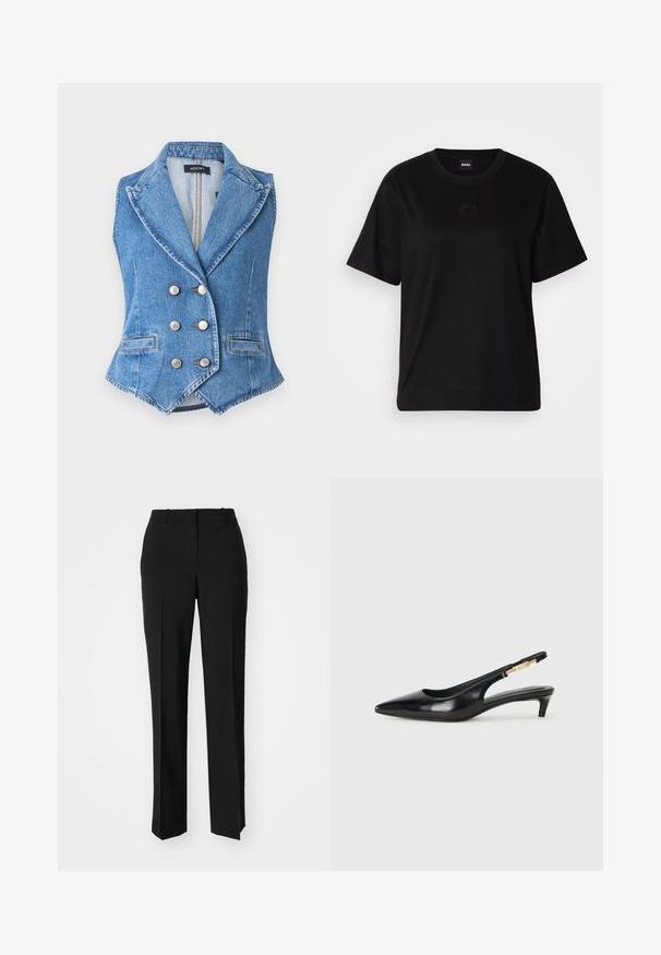 Blaues Denim-Westen mit einem doppelt-knöpfigen Design, Spitzrevers, silbernen Knöpfen und Vordertaschen. Texturiertem Stoff und kontrastierenden Nähten.; Schwarzes Baumwoll-T-Shirt mit Rundhalsausschnitt, kurzen Ärmeln und aufgesticktem Logo auf der Brust. Einfacher, lässiger Schnitt ohne Muster.; Schwarze, taillierte Hose mit geradem Bein, aus einem glatten Stoff und mit klaren Falten an der Vorderseite. Keine sichtbare Hardware.; Schwarze Leder-Slingback-Pumps mit spitzem Schuhblatt, ausgestattet mit einem schlanken Absatz und einem goldfarbigen Akzent am verstellbaren Riemen. Glatte Textur.