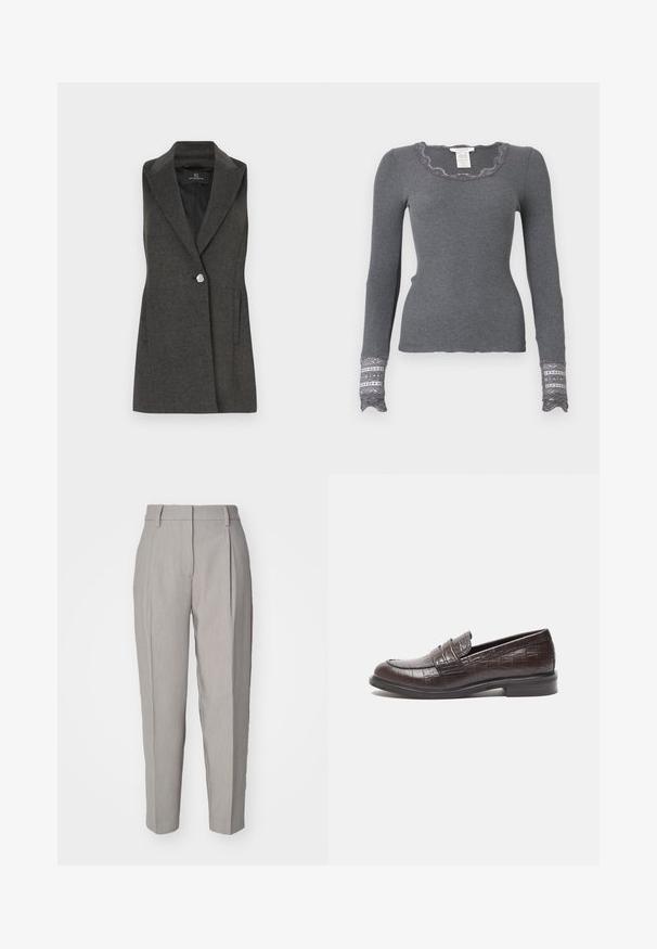 Ogle melna bez piedurknēm bleizeris ar izgrieztu apkakli, vienu sudraba pogu un sānu kabatām. Teksturēts audums ar piegriezumu, kas izskatās pielāgots.; Pelēks garām piedurknēm ribots tops ar viļņotu kakla izgriezumu un mežģīņu papildinātiem piedurkņu galiem, kas izceļas ar struktūras rakstu.; Gai pelēki piegriezti bikses ar gludu tekstūru, plandošu priekšpusi un taisnu kāju dizainu. Iekļauts jostas cilpas un pulēta apdare.; Tumši brūni ādas loafers ar krokodila rakstu, zemu papēdi un izšūtu dekoratīvo apdari priekšpusē.