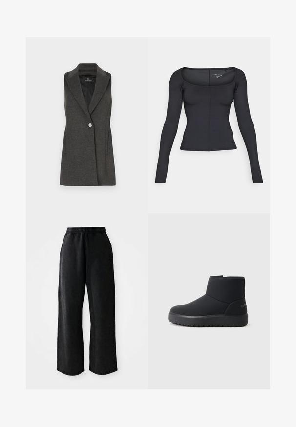 Süsi hall ilma varrukateta bleizer, millel on lõigatud krae, ühe hõbedase nupuga kinnitamine ja küljetaskud. Tekstuuriga kangas ja kohandatud lõige.; Must nagu selg on ruudukujuline kaelus, ribatekstuur, keha lähedane disain ja väike logo detail hemmi juures.; Mustad denimist jogger püksid elastse vöökohtaga, laia säärega ja küljetaskutega. Omab siledat tekstuuri ja kontrastset õmblust.; Mustad mustad saapad sileda välimise pinnaga, ümar varvas, peened õmbluse detailid ja paks tekstuuriga tall. Omab logosid taga.