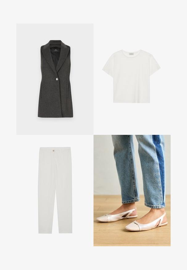 Siva bez rukava s oštrim reverom, zatvaranjem na jedan srebrni gumb i bočnim džepovima. Tekstuirana tkanina s krojem koji se prilagođava tijelu.; Bijela kratkodlaka majica od mekog pamuka. Ima okrugli izrez i opušteni kroj. Čist dizajn bez vidljivih uzoraka ili akcenata.; Bijele, krojene hlače ravnog kroja, s kopčanjem na dugme, petljama za remen i bočnim džepovima; glatka tekstura tkanine.; Svijetlo ružičaste slingback balerinke s šiljastim vrhom, izrađene od glatkog materijala nalik koži. Sadrže izrezane detalje sa strane i ravnu petu.