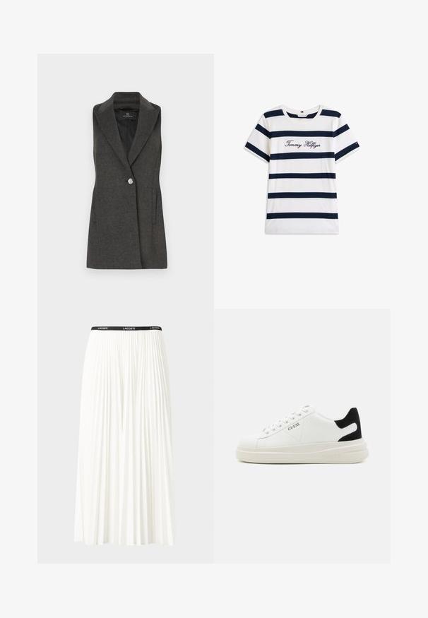 Harsgrijze mouwloze blazer met een gelamineerde kraag, enkele zilveren knoopsluiting en zijzakken. Textuurstof met een op maat gemaakte pasvorm.; Katoenen T-shirt met horizontale marineblauwe strepen op een witte achtergrond. "Tommy Hilfiger" geborduurd in cursieve letters op de borst. Ronde hals.; Plisséminirok in het wit met een zwarte elastische tailleband met het "LACOSTE"-logo. Middellange ontwerp met een zachte textuur.; Witte leren sneakers met een dikke witte zool, zwarte suède hielaccent en een geperst logo op de zijkant. Vetersluiting met zes oogjes.