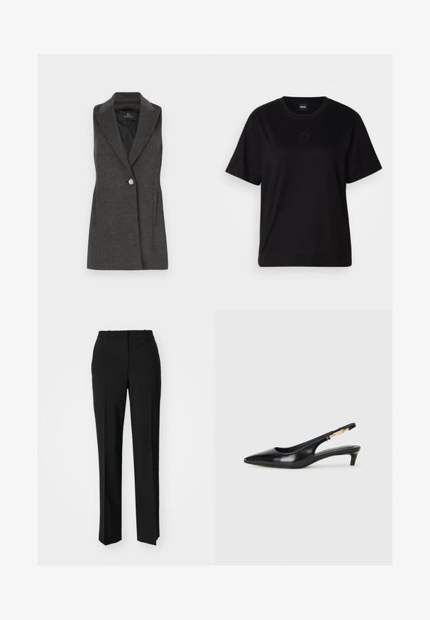 Anthrazitgrauer ärmelloser Blazer mit Reverskragen, einem silbernen Knopfverschluss und Seitentaschen. Strukturiertem Stoff mit tailliertem Schnitt.; Schwarzes Baumwoll-T-Shirt mit Rundhalsausschnitt, kurzen Ärmeln und aufgesticktem Logo auf der Brust. Einfacher, lässiger Schnitt ohne Muster.; Schwarze, taillierte Hose mit geradem Bein, aus einem glatten Stoff und mit klaren Falten an der Vorderseite. Keine sichtbare Hardware.; Schwarze Leder-Slingback-Pumps mit spitzem Schuhblatt, ausgestattet mit einem schlanken Absatz und einem goldfarbigen Akzent am verstellbaren Riemen. Glatte Textur.