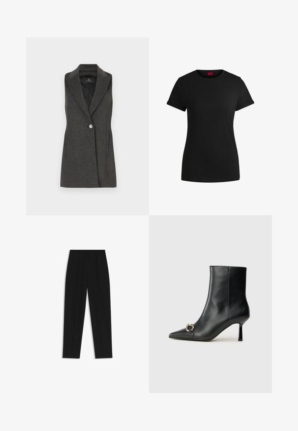 Hiirenharmaa ilmanhiha takki, jossa on lovettu kaulus, yksittäinen hopeanvärinen napitus ja sivutaskut. Teksturoitu kangas, jossa on muotonsa mukautuva leikkaus.; Mustapaita, jossa on lyhyet käärityt hihat, pyöreä kaula-aukko ja punainen etiketti. Sileä pinta, istuva muoto ja minimaalinen yksityiskohtaisuus.; Mustat housut suoran istuvuuden kanssa, joissa on kaksinkertaiset laskokset, sileä pinta ja klassinen vyötärönauhan muotoilu. Ei näkyviä metalliosia tai koristeita.; Musta nahkasaapas nilkkapituisilla, terävillä kärjillä, hoikalla keskipituisella korolla ja hopeavöillä sivussa yksinkertaista taustaa vasten.