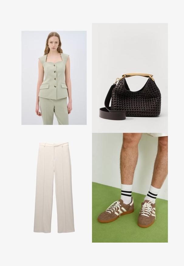 Hellgrüner maßgeschneiderter Weste mit breiten Schulterträgern, fünf Knöpfen und vorderen Taschen. Glatte Textur und enganliegende Silhouette.; Kaotiko CREW PUPPIES UNISEX - Poloshirt - beige; Weite Hose aus leichtem beigen Stoff mit glatter Textur. Verfügt über einen gefütterten Taillenbund, vordere Falten und keine sichtbaren Taschen.; Braune Wildleder-Sneaker mit weißen Akzenten und Schnürsenkeln. Gummisohle in Kautschuk-Optik. Getragen mit weißen Socken, die schwarze Streifen haben. Grüner strukturierter Fußboden.; Elleme BOOMERANG WOVEN - Handtasche - brown