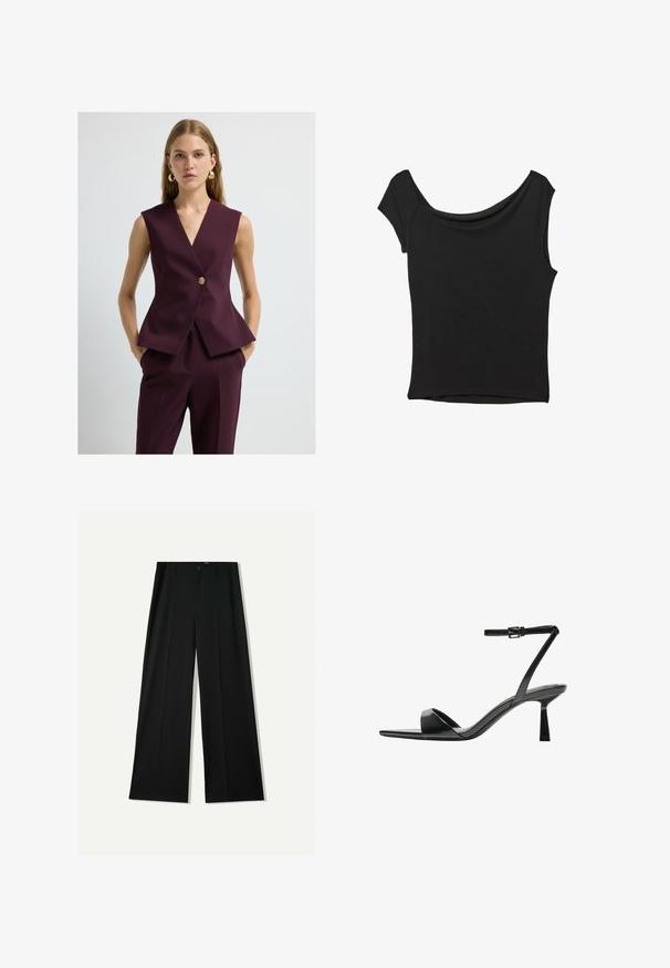 V-udskæring ærmeløs vest i dyb bourgogne stof, med en guldbutton, skræddersyet silhuet og peplum-kant. Glat tekstur, minimalistisk design.; Sort kortærmet top lavet af glat stof; har en draperet halsudskæring og en asymmetrisk kant, med en tætsiddende pasform.; Bershka WIDE - Bukser - black; Bershka Højhælede sandaletter / Højhælede sandaler - black