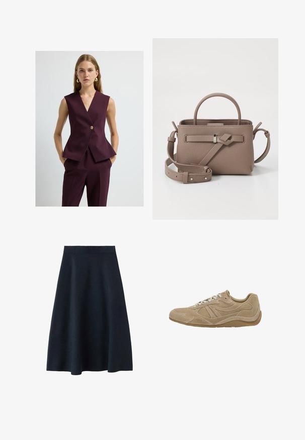 V-udskæring ærmeløs vest i dyb bourgogne stof, med en guldbutton, skræddersyet silhuet og peplum-kant. Glat tekstur, minimalistisk design.; Mørkegrå kortærmet striktrøje med rund hals, fremhævet af en løs pasform og raglanærmer, lavet af et blødt, tekstureret stof.; En mørk navy midi-nederdel lavet af glat stof, med en tætsiddende talje og en svinget form, uden synlige mønstre eller udsmykninger.; Beige ruskinds sneaker med lav profil, tekstureret overflade og hvide snørebånd. Har et buet design og en gummisål for godt greb.; Taupe tekstureret læderhåndtaske med tophåndtag, justerbar skulderrem og dekorativ knude detalje på en ren hvid baggrund.