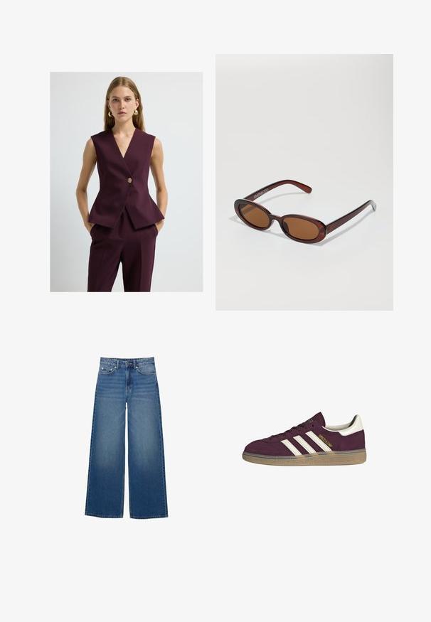 Laag uitgesneden, mouwloos vest in diep bordeauxrood stof, met een gouden knoop, een getailleerde pasvorm en een peplumzoom. Goede textuur, minimalistisch ontwerp.; Bordeaux lange mouw top met witte horizontale strepen. Is voorzien van een ronde halslijn en zijsplitsen aan de zoom voor een comfortabele pasvorm.; Wijde blauwe denim jeans met een hoge taille, gestikte accenten en een eenvoudig ontwerp met een lichte vervagingseffect.; Bordeauxsuède sneaker met witte drie strepen en beige accenten. Voorzien van een gestructureerde rubberen zool en gouden branding aan de zijkant.; Ronde, bruin getinte zonnebril met een glanzend bordeauxrood frame. Slanke pootjes met subtiele merkdetails. Vlakke lensontwerp.; Bruine geweven leren handtas met een slonzig, driehoekig model. Voorzien van een gevlochten handvat en een ritssluiting aan de bovenkant.