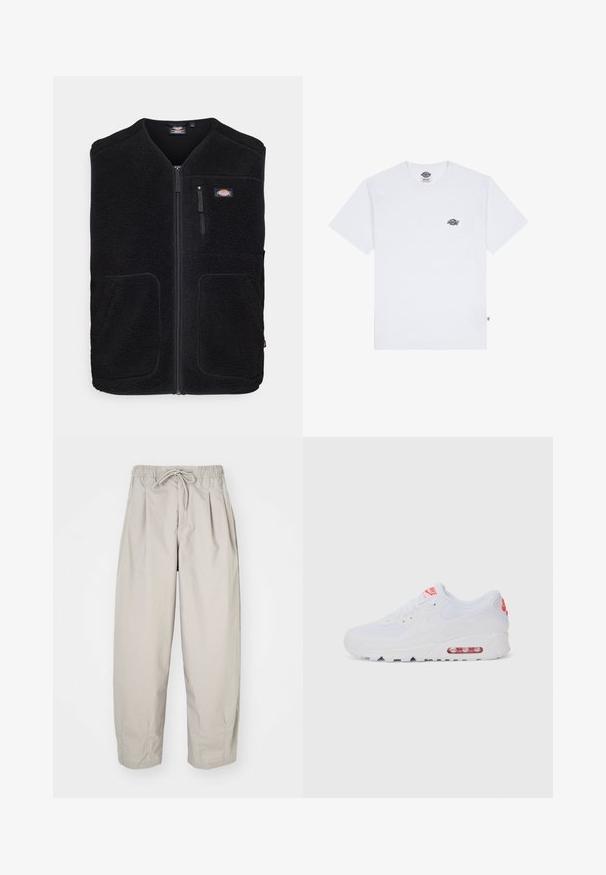 Dickies MOUNT HOPE VEST - Vest - black; Valge puuvillane t-särk lühikeste varrukatega, millel on rinna peal väike must logo ja sildi taga vasakus nurgas.; Beeži, kerged püksid elastse vöökoha ja nööriga. Omavad voldikuid ja laia istuvust, valmistatud pehmest, siledast kangast.; Valged spordijalatsid, millel on sile pealis, seotud lipsud, pehmendusega tallad ja nähtav õhükamber, mille brändimisel on punased aktsendid.