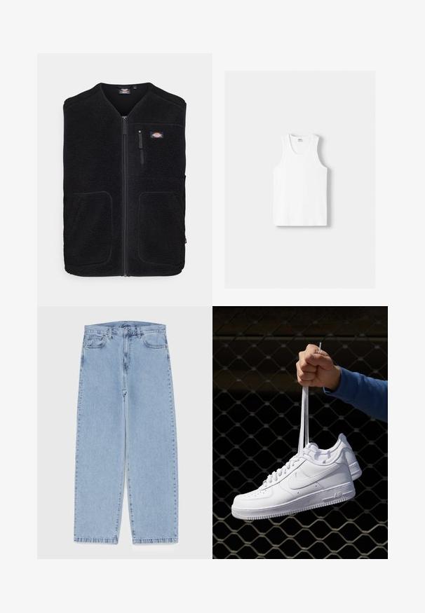 Dickies MOUNT HOPE VEST - Väst - black; Vit bomullstopp med rund halsringning, breda axelremmar och rak nederkant, med en slät textur och utan synliga mönster.; Ljusblå denimjeans med rak bendesign, midjehög midja, fem fickor samt knapp- och dragkedjestängning.; Vita lädersneakers med perforeringar, rund tå, platt sula och tjocka snörning, med en synlig swoosh-logga och "AIR" på hälen.