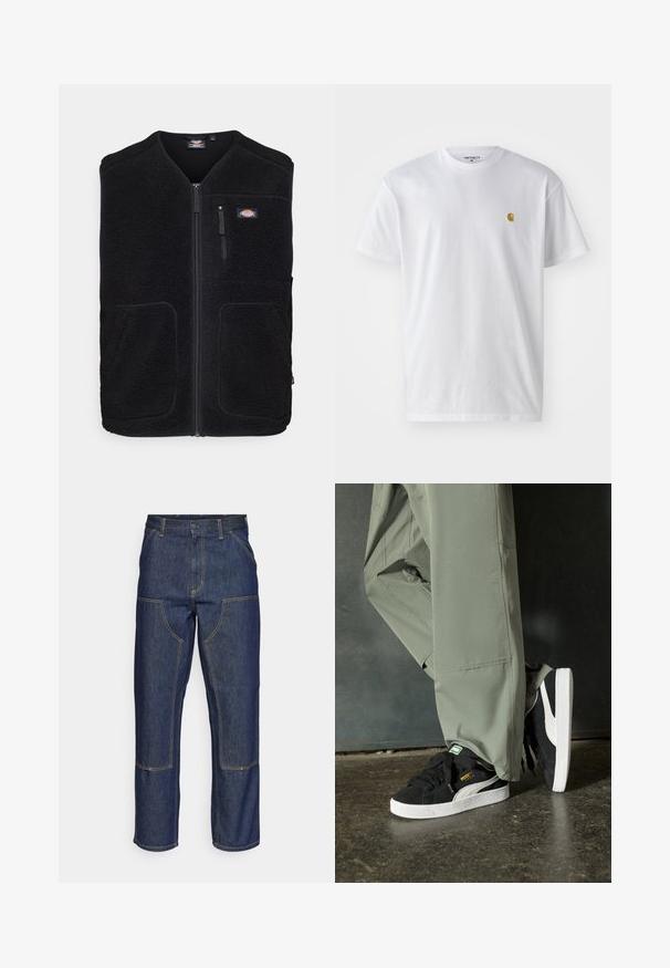 Dickies MOUNT HOPE VEST - Liemenė - black; Balta medvilnės marškinėliai su trumpomis rankovėmis, apvalia iškirpte, kuriuose kairėje krūtinės pusėje yra mažas auksinis logotipas. Minkšta tekstūra ir reguliari forma.; Tamsiai mėlynos džinsinės kelnes su aukštu liemeniu, tiesaus kirpimo dizainu, kontrastinėmis siūlėmis ir kišenėmis priekyje.; Juodi suede sportbačiai su baltais guminiais padais ir šoninėmis juostelėmis, derinami su šviesiai žaliais kargo kelnais, stovintys ant tekstūruoto tamsaus paviršiaus.