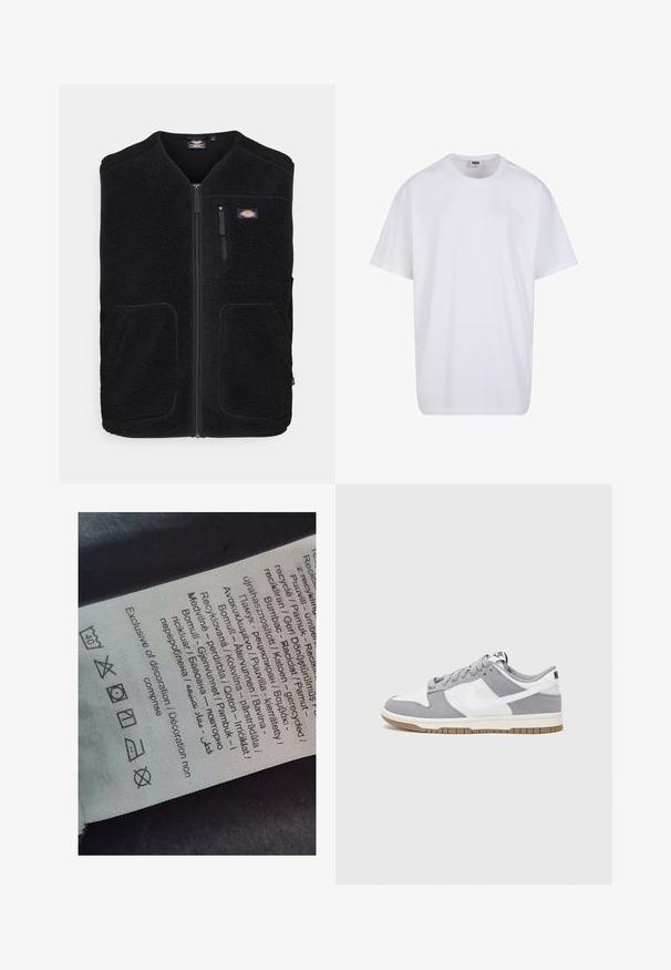 Dickies MOUNT HOPE VEST - Strukirani kaput - black; Bijela pamučna majica s kratkim rukavima, zaobljenim izrezom, opuštenog kroja, bez vidljivih logotipa ili uzoraka. Glatka tekstura i minimalni dizajn.; Oznaka s viš jezicima, simbolima za njegu i ikonama za reciklažu, otisnuta na mekom materijalu nalik tkanini svijetle boje.; Nike tenisice imaju gornji dio od sive brušene kože i bijele kože s perforacijama, okrugle vezice i gumeni potplat za prianjanje.