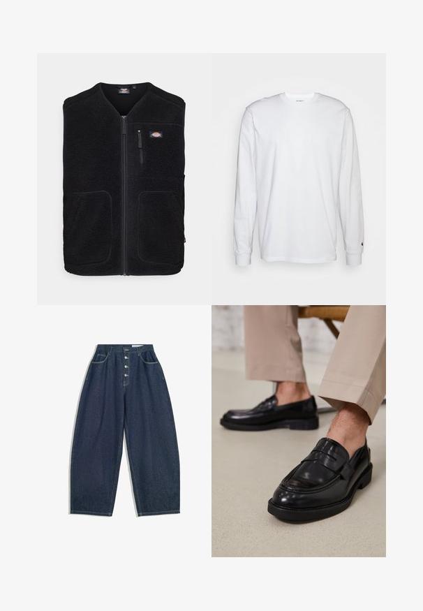 Dickies MOUNT HOPE VEST - Vesta - black; Bílá dlouhá tričko s dlouhými rukávy vyrobené z bavlny. Design s kulatým výstřihem, žebrované manžety a malé logo na levém rukávu. Hladká textura.; Tmavě modré denimové kalhoty s širokými nohavicemi, vysokým pasem, zapínáním na pět knoflíků a pěti kapsami. Obsahují švy s vypracovanými detaily.; Černé kožené loafers s hladkým povrchem, zdobené páskem a kontrastním prošíváním, spárované s béžovými kalhotami.