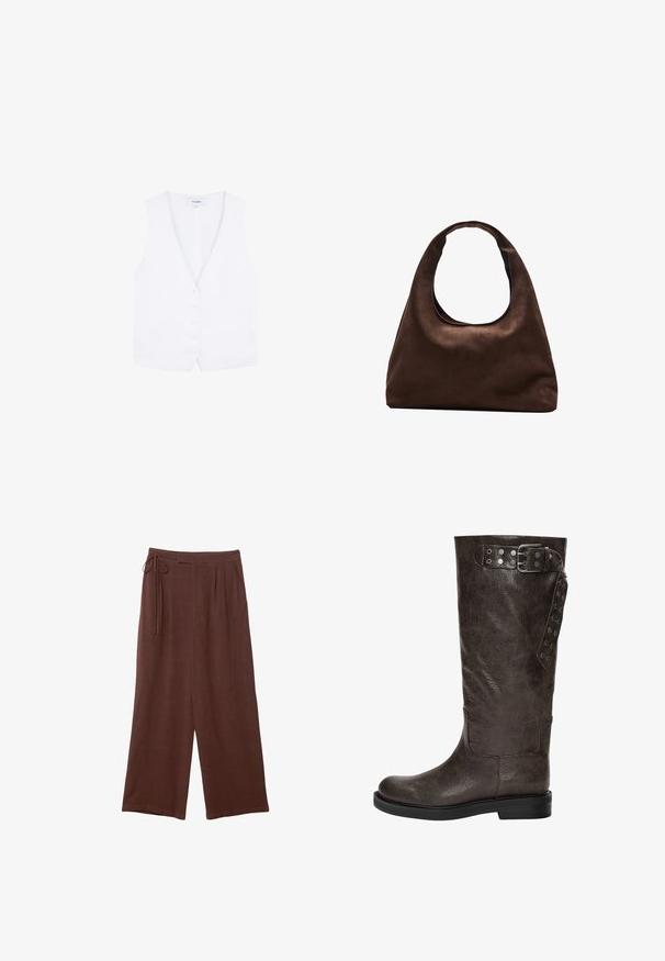 Canotta bianca senza maniche con un profondo scollo a V e chiusura con sei bottoni. Realizzata in tessuto morbido, presenta arricciature laterali per una struttura definita.; Top bianco con spalline a halter, scollatura a V profonda, fronte arricciato e laccio regolabile al collo. Realizzato in un morbido tessuto testurizzato.; Pantaloni larghi marroni con vita regolabile, caratterizzati da pieghe e una texture morbida, realizzati in tessuto leggero.; Stivale in pelle marrone fino al ginocchio con una finitura texturizzata, dotato di una fibbia e di dettagli a scatto laterali, e una suola di gomma piatta.; Borsa hobo di un morbido marrone con una sola tracolla larga e un'apertura a manico curvo, esposta su uno sfondo bianco.