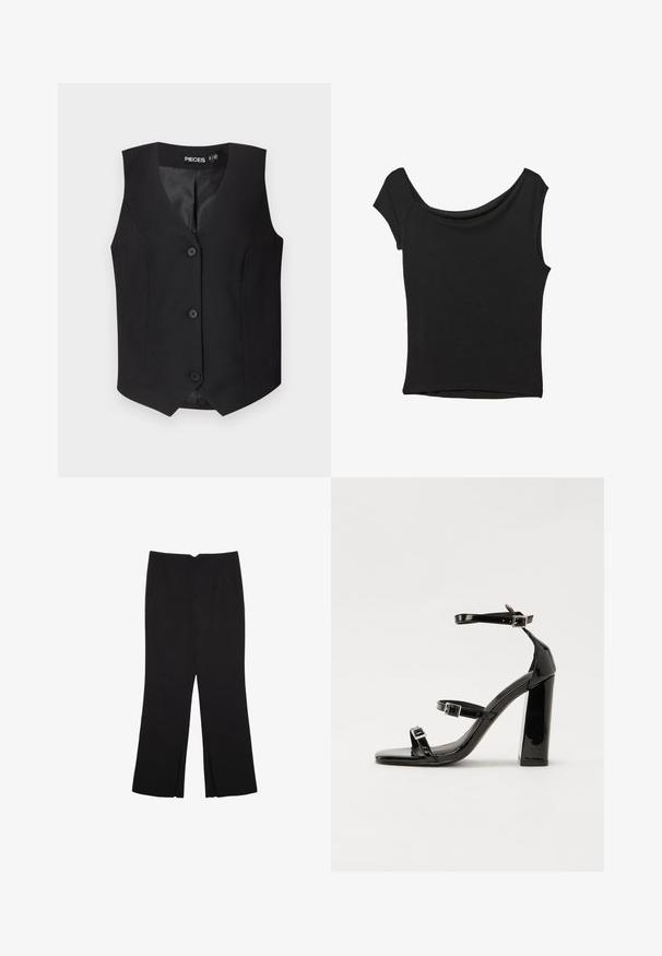 Schwarwest mit V-Ausschnitt, ärmellosem Design und fünf Knopfverschlüssen. Hergestellt aus strukturierter Stoff mit glattem Innenfutter.; Schwarzes Kurzarmoberteil aus glattem Stoff; hat einen drapierten Ausschnitt und einen asymmetrischen Saum, mit einem figurbetonten Körper.; Schwarze Hose mit geradem Schnitt, ausgestattet mit Fronttaschen und Seitenschlitzen am Saum. Hergestellt aus weichem, glattem Stoff. Geeignet für verschiedene Anlässe.; Schwarze patentierte Sandalen mit Absatz, quadratischer Spitze, Knöchelriemen und silbernen Schnallen. Mit einem stabilen Blockabsatz für mehr Stabilität.