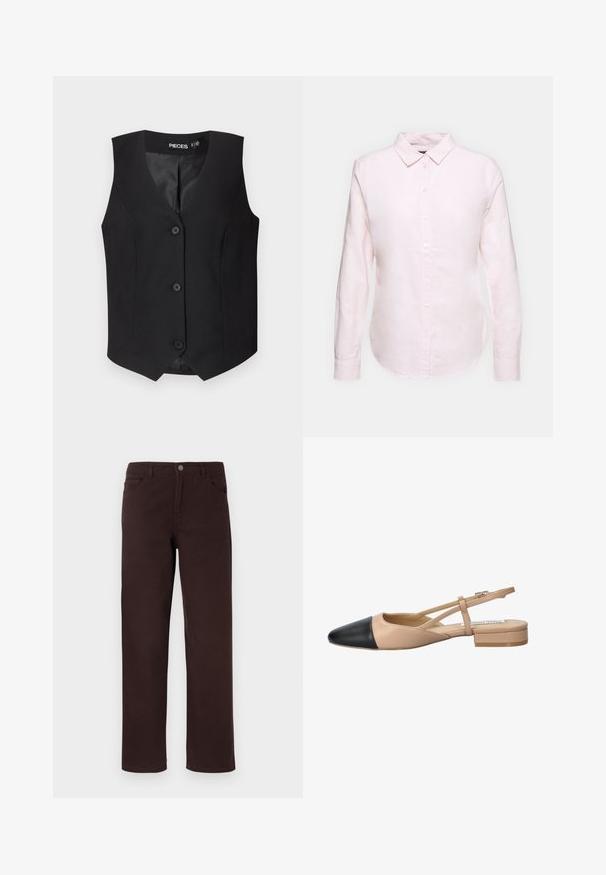 Colete preto com decote em V, design sem mangas e cinco fechos de botão. Feito de tecido texturizado com um forro interior suave.; Camisa de manga longa rosa claro com colarinho abotoado, apresentando uma bainha reta e textura suave, feita de um tecido de algodão leve.; Calças de algodão castanhas com um design de perna reta, dois bolsos frontais e um fecho de botão na cintura. Textura lisa sem padrões visíveis.; Sapato slingback bicolor em bege e preto, com bico apontado, salto baixo e detalhe de tira cruzada. Textura de couro suave.