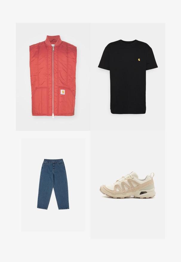 Rote, ärmellose Weste aus gestepptem Material; verfügt über einen Frontreißverschluss, zwei Fronttaschen und ein Logo-Patch auf der unteren linken Seite.; Schwarzes Baumwoll-T-Shirt mit kurzen Ärmeln, Rundhalsausschnitt und einem kleinen gelben Logo im linken Brustbereich. Einfaches Design und normale Passform.; Blaue Jeans aus Denim mit entspannter Passform, hoher Taille, Fünf-Taschen-Design und gesteppter Akzente. Mit einem Knopf- und Reißverschluss ausgestattet.; Beige und cremefarbenen Sportschuh mit strukturiertem Mesh-Obermaterial, unterstützenden Überzügen und Gummisohle mit einem Profilmuster für Bodenhaftung.