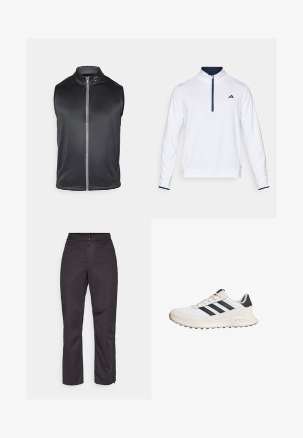 Black sleeveless vest made of smooth, lightweight fabric. Features a high collar and a front zipper with a reflective strip.; White pullover with a high collar, half-zip front, and navy accents. Features textured fabric with a small logo on the left chest.; Black waterproof pants with a straight cut, featuring a smooth texture, elastic waistband, and side zippers at the hem for adjustability.; White athletic shoes with black stripes, featuring a textured rubber sole, smooth leather upper, and a padded collar for support.
