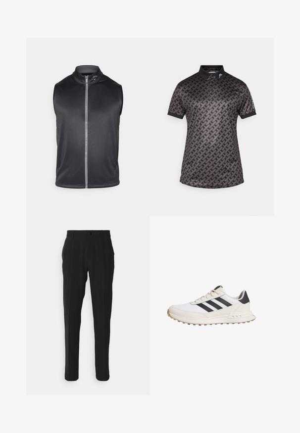 Colete sem mangas preto feito de um tecido leve e suave. Apresenta um colarinho alto e um fecho de correr na frente com uma faixa refletora.; J.LINDEBERG Sports TOUR TECH PRINT - Polo - tonal black; Calças pretas com corte reto, apresentando um único bolso frontal, passantes para cinto e fecho com botão. Textura de tecido suave.; Ténis desportivos brancos com riscas pretas, apresentando uma sola de borracha texturizada, parte superior em pele lisa e um colarinho acolchoado para suporte.