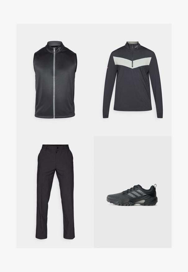 Black sleeveless vest made of smooth, lightweight fabric. Features a high collar and a front zipper with a reflective strip.; Quarter-zip pullover in dark gray with a light gray chevron design across the chest. Features long sleeves and a textured fabric.; adidas Golf PANT - Trousers - black; Black athletic shoe with textured sole and three reflective gray stripes on the side, designed for trail running or outdoor use.