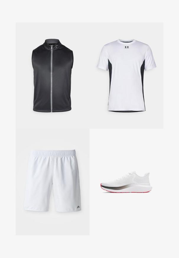 Melns bezpiedurkņu veste, izgatavota no gluda, viegla auduma. Iezīmē augstu apkakli un priekšējo rāvējslēdzēju ar atstarojošu joslu.; Under Armour CHALLENGER PRO SS - Sporta krekli - white/black; Baldie sporta šorti ar elastīgu jostasvietu un mazu melnu logotipu apakšējā labajā kājā. Gluda, viegla auduma.; Skriešanas apavi ar baltu tīkla augšdaļu, sudraba vidusdaļu un sarkanu zoli. Iekļauj apaļas šņores un mīkstu apkakli komfortam.