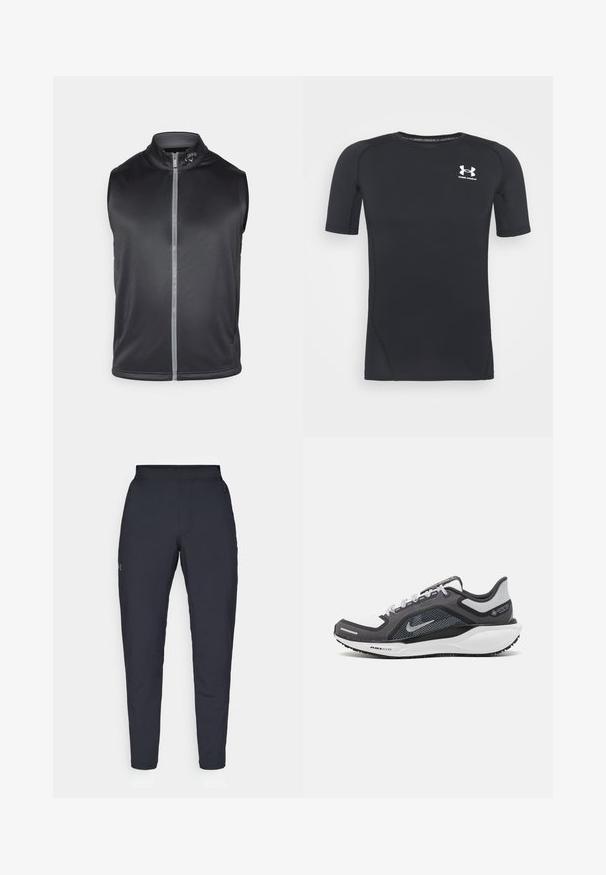 Crna bezrukavna majica od glatkog, laganog materijala. Ima visoki ovratnik i prednji patentni zatvarač s reflektirajućom trakom.; Crna kratkodlaka atletska majica izrađena od tkanine koja odvodi vlagu i elastična je. Ima okrugli izrez i mali bijeli logo na prsima.; Crne sportske hlače s glatkom teksturom, uskih krojeva, elastičnim pojasom i bočnim džepovima. Imaju mali logo na lijevom bedru.; Crne i sive atletske cipele s mrežastim gornjim dijelom, reflektirajućim detaljima i bijelim među-djelom. Imaju strukturiranu gumenu potplate i vezice.