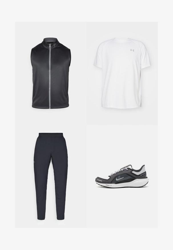 Chaleco sin mangas negro hecho de una tela suave y ligera. Presenta un collar alto y una cremallera frontal con una tira reflectante.; Camisa atlética de manga corta blanca, hecha de tejido suave. Presenta un cuello redondo y un logo gris en el lado izquierdo del pecho, con aberturas laterales en el dobladillo.; Pantalones deportivos negros con una textura suave, corte ajustado, cinturilla elástica y bolsillos laterales. Presentan un pequeño logo en el muslo izquierdo.; Zapatilla deportiva negro y gris con parte superior de malla, acentos reflectantes y una entresuela blanca. Presenta una suela de goma texturizada y cordones.