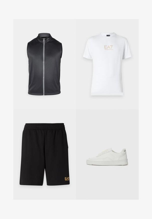 Black sleeveless vest made of smooth, lightweight fabric. Features a high collar and a front zipper with a reflective strip.; White cotton t-shirt featuring a round neckline and short sleeves, with a gold EA7 Emporio Armani logo printed on the front.; Black athletic shorts made of soft fabric,Featuring an elastic waistband and a small yellow EA7 logo on the lower left leg.; White leather sneaker with a smooth finish, round toe, flat laces, and a textured sole. Features a subtle logo on the heel.