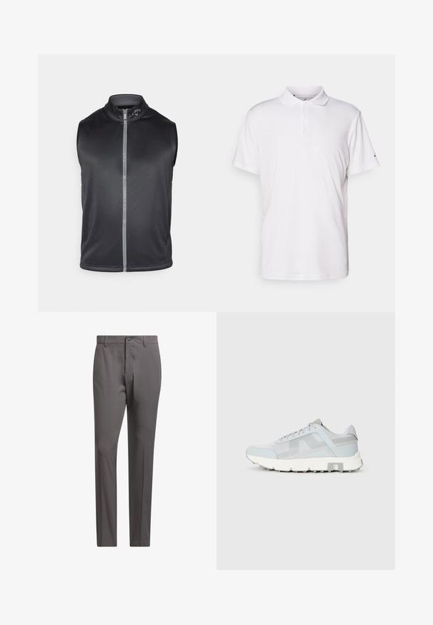 Černá bezrukávová vesta vyrobená z hladkého, lehkého materiálu. Disponuje vysokým límcem a předním zipem s reflexním pruhem.; Bílá polokošile vyrobená z hladké bavlny, s klasickým límcem, tříknoflíkovou légou a krátkými rukávy. Diskrétní logo značky na rukávu.; Šedé kalhoty s hladkou texturou, vybavené knoflíkovým zapínáním, poutky na opasek a upraveným střihem pro strukturovaný vzhled.; Světlé modré sportovní boty s vrchní částí z síťoviny, texturovanými panely a bílou gumovou podrážkou. Obsahují ploché tkaničky a polstrovaný límec.