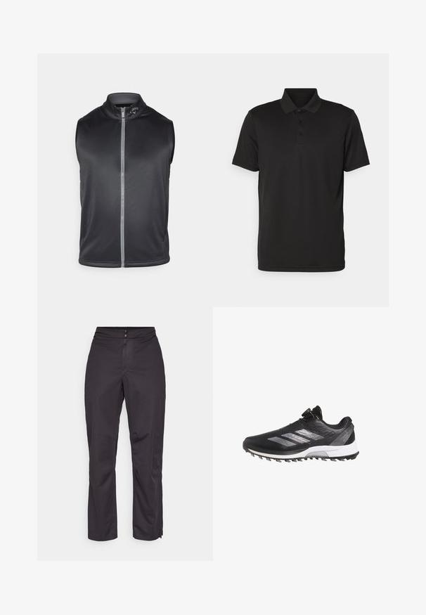 Black sleeveless vest made of smooth, lightweight fabric. Features a high collar and a front zipper with a reflective strip.; Black polo shirt made from smooth fabric. Features a classic collar, three-button placket, and short sleeves with a straight hem.; Black waterproof pants with a straight cut, featuring a smooth texture, elastic waistband, and side zippers at the hem for adjustability.; Black Adidas Adizero running shoe with white sole, silver stripes, and a dial lacing system, shown in left side profile.