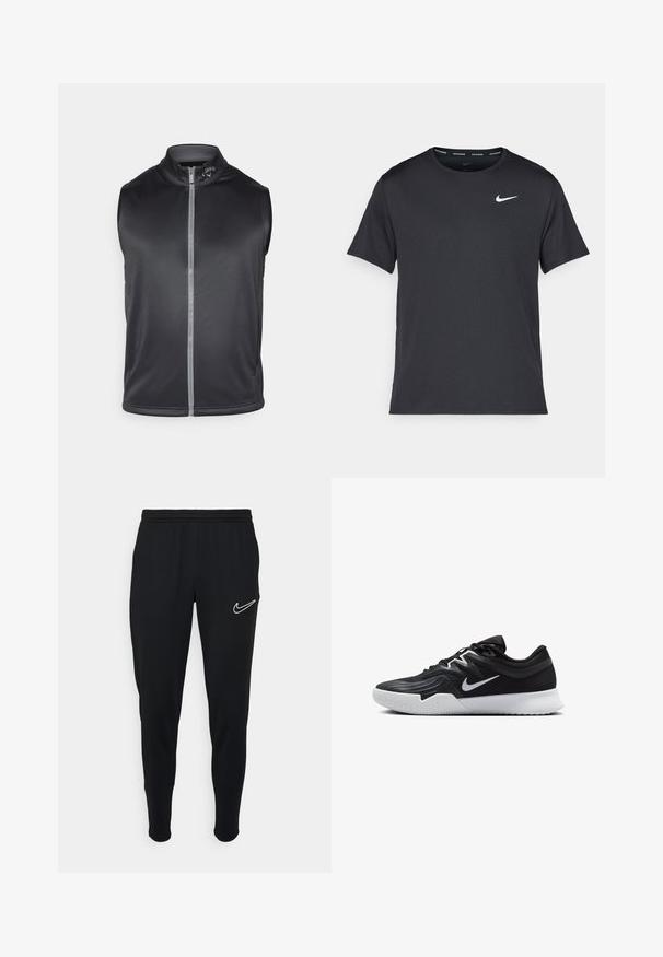 Schwarze ärmellose Weste aus glattem, leichtem Material. Verfügt über einen hohen Kragen und einen Reißverschluss vorne mit einem reflektierenden Streifen.; Schwarzes Nike Lauft-Shirt aus leichtem, atmungsaktivem Material, mit kurzen Ärmeln und einem kleinen weißen Logo auf der Brust.; Schwarze sportliche Jogginghosen mit elastischem Bund, slim fit und weißem Nike-Logo auf der linken Seite. Weicher Stoff mit glatter Textur.; Schwarzer Sportschuh mit strukturiertem Obermaterial, weißem Nike-Warenzeichen und einer weißen Gummisohle. Verfügt über ein Schnürdesign und eine dynamische Form.