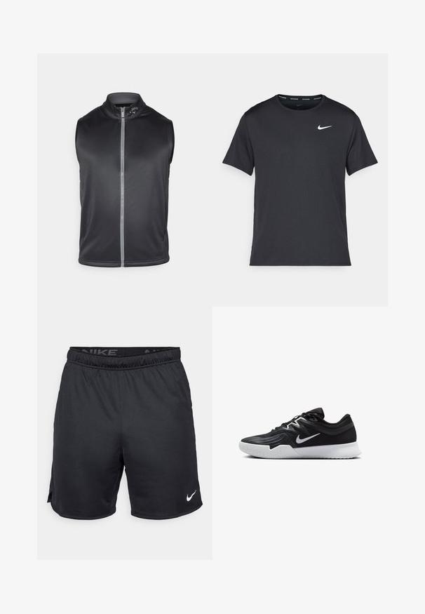 Black sleeveless vest made of smooth, lightweight fabric. Features a high collar and a front zipper with a reflective strip.; Black Nike running T-shirt made of lightweight, breathable material, featuring short sleeves and a small white logo on the chest.; Black Nike shorts with elastic waistband, side slits, and a white Nike logo on the lower hem. Made from lightweight, textured fabric.; Black athletic shoe with a textured upper, white Nike swoosh, and a white rubber outsole. Features a lace-up design and dynamic shape.