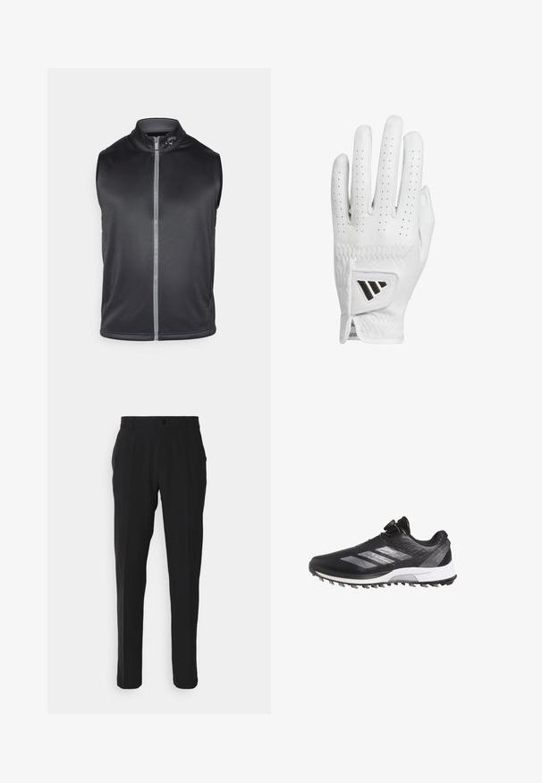 Black sleeveless vest made of smooth, lightweight fabric. Features a high collar and a front zipper with a reflective strip.; White polo shirt made from soft fabric, featuring a three-button collar and a subtle gray logo on the left chest. Short sleeves, classic fit.; Black trousers with a straight-leg cut, featuring a single front pocket, belt loops, and a button closure. Smooth fabric texture.; Black Adidas Adizero running shoe with white sole, silver stripes, and a dial lacing system, shown in left side profile.; White leather golf glove with perforated fingers, textured stitching, and a black accent logo on the wrist. Slim fit design for grip.