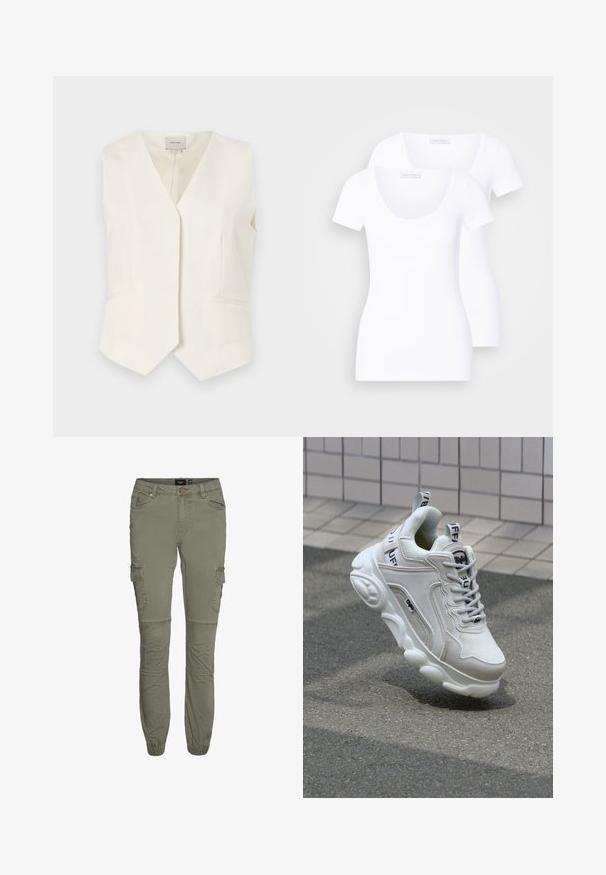 Empiiri sametist vöötaskuta ja V-kaelusega ilma varrukateta vest, millel on kaks eesmist taskut ja sirge allserv. Tekstuuriga kangas, millel on sile viimistlus.; Kaks valget lühikeste varrukatega T-särki, ümarate kaelustega, valmistatud siledast kangast, millel on vormistav disain ja ei ole mingeid nähtavaid mustreid ega aktsente.; Oliiviroheline cargo püksid tugevas puuvillasegus, millel on kahanenud sääred, mitu taskut ja põlvepliidid parema liikumisvabaduse tagamiseks.; Valge tenniseking, mis on valmistatud võrgu- ja nahamaterjalidest, ümardatud varbaga, paksu tallaga, silmapaistvate paeltega ning brändingu ja sildiga kandadel ja keeltel.