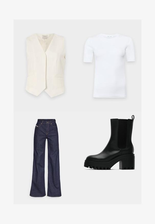 Kreminės spalvos be rankovių liemenės su V formos iškirpte, turinčios dvi priekines kišenes ir tiesų apdailą. Tekstūruota medžiaga su lygiu paviršiumi.; Balta trumpa rankovėmis marškinėliai pagaminti iš medvilnės. Yra su apvalia iškirpte ir sklandžiu paviršiumi, minimaliai matomi siūlai apvade.; Tamsiai mėlynos plačios kojų džinsinės kelnės iš denimo audinio su aukštu liemeniu, su oranžinėmis siūlėmis, penkių kišenių dizainu ir sagčių užsegimu.; Juodi odiniai kulkšniniai batai su apvaliu nosiu, masyviu platformos padu ir tinklelio šoninėmis detalėmis. Yra traukimo kilpa, skirta patogiam užsidėjimui.