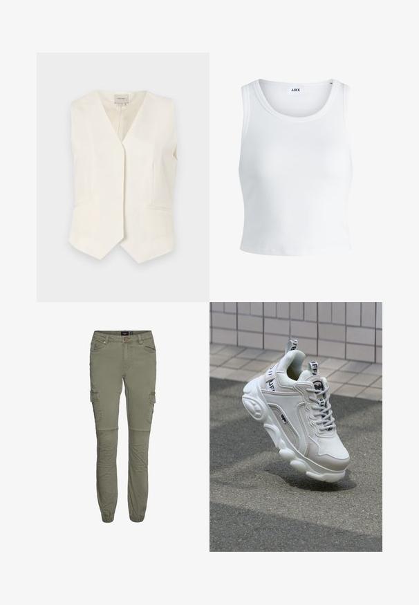 Kremowa bezrękawnik o dekolcie w serek, z dwoma przednimi kieszeniami i prostym wykończeniem. Teksturowany materiał o gładkim wykończeniu.; Biały prążkowany top na ramiączkach z okrągłym dekoltem, bez rękawów i skróconej długości. Metka z napisem "JJXX." Gładka faktura materiału.; Olive zielone spodnie cargo z wytrzymałej bawełny o tapered mankietach, z wieloma kieszeniami i plisami na kolanach dla większej swobody ruchów.; Białe trampki wykonane z siateczki i skóry, z zaokrąglonym noskiem, grubą podeszwą, wyraźnymi sznurowadłami oraz logotypem na pięcie i języku.