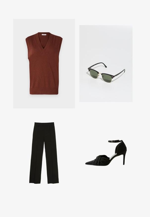 Hnedá bezrukávová pletená vesta s výstrihom do V, rebrovanými okrajmi, mäkkou textúrou a priliehavým strihom, ideálna na vrstvenie.; Čierna bavlnená tkanina s hladkou textúrou a okrúhlym výstrihom, s jemným, rovnomerným zrnom. Žiadne viditeľné logo ani akcenty.; Čierne široké nohavice vyrobené z hladkej tkaniny, so priliehavým pásom a jemnými prednými záhybmi pre zvýšenie textúry.; Čierne semišové lodičky na vysokom podpätku s špicatou špičkou, uzlovým detailom vpredu, priehľadným remienkom okolo členka a tenkým stiletto podpätkom.; Čierne a zlaté slnečné okuliare so zelenými šošovkami, v mačacím tvare, s kovovými akcentmi a strukturálnym rámom.